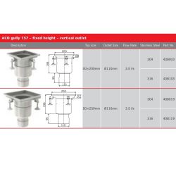 ACO Hygienic Stainless Steel Gully 157 - Fixed Height Vertical 110mm Outlet Top Size 200