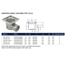 Blucher Stainless Steel Industrial Horizontal Low Model Type Drain Concrete & Tiled Floor