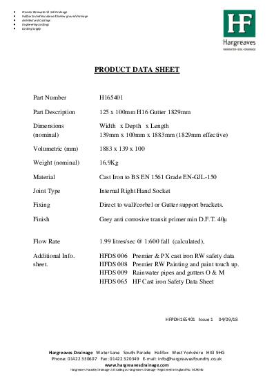 Hargreaves H16 Moulded Cast Iron Guttering Data Sheet