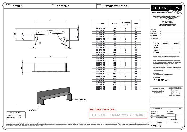 Alumasc Skyline Sloping Aluminium Coping RH Upstand DWG