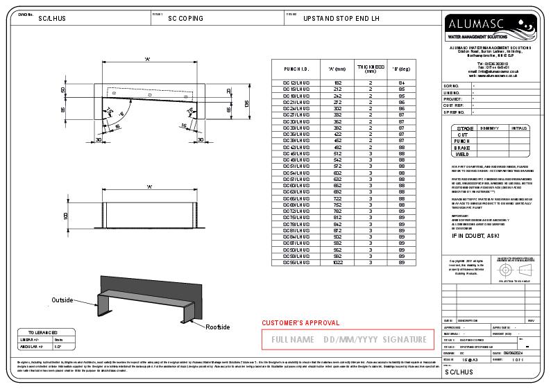 Alumasc Skyline Sloping Aluminium Coping LH Upstand DWG