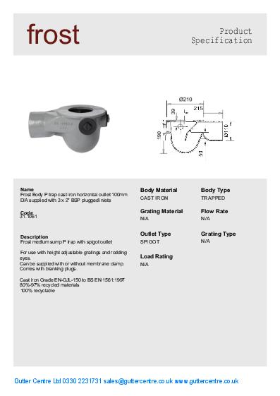 Frost Cast Iron Floor Drains Horizontal Data Sheet
