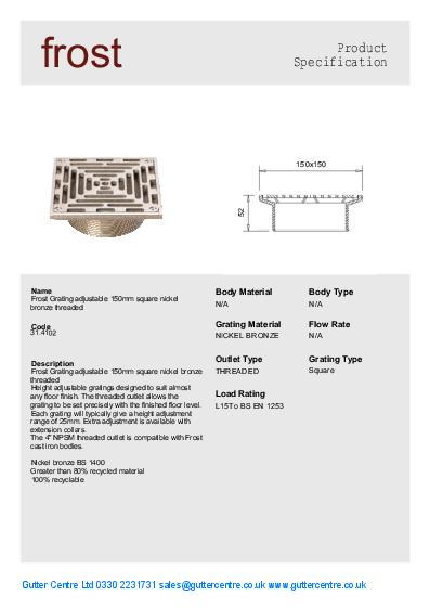 Frost Cast Iron Floor Drains Square Nickel Bronze Data Sheet
