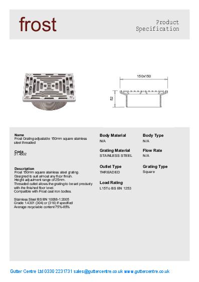 Frost Cast Iron Floor Drains Square Stainless Steel Data Sheet