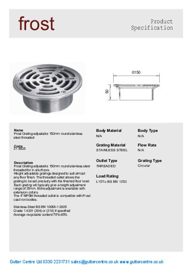 Frost Cast Iron Floor Drains Stainless Steel Data Sheet