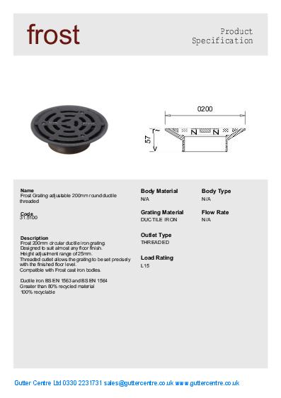 Frost Cast Iron Floor Drains Grating Adjustable 200mm Data Sheet