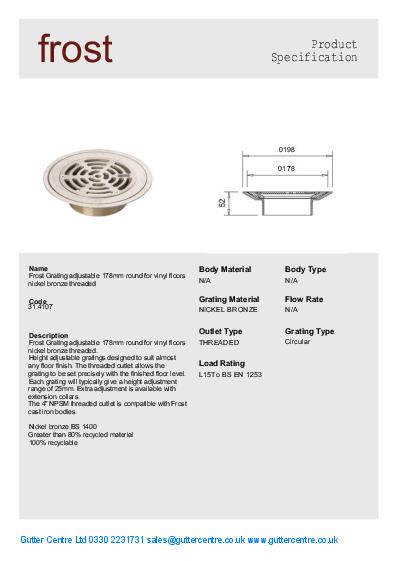 Frost Cast Iron Floor Drains 178mm Vinyl Nickel Bronze Data Sheet
