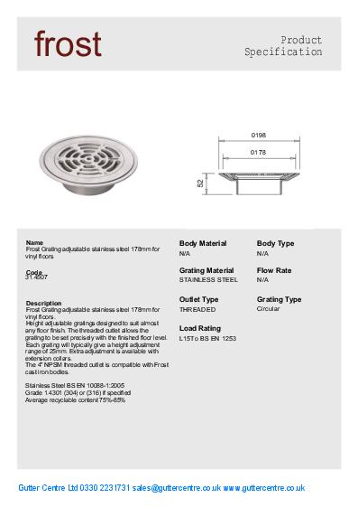 Frost Cast Iron Floor Drains 178mm Vinyl Stainless Steel Data Sheet