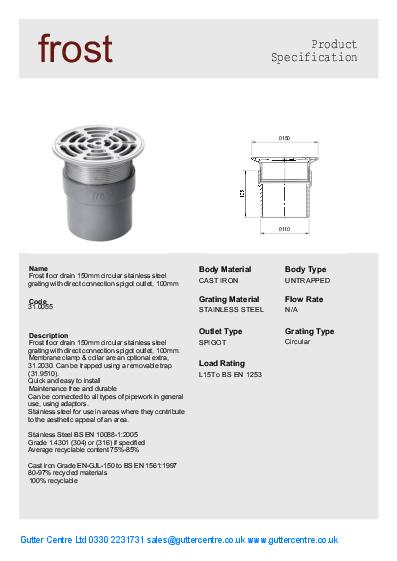 Frost Direct Connection Floor Drains Stainless Steel Data Sheet
