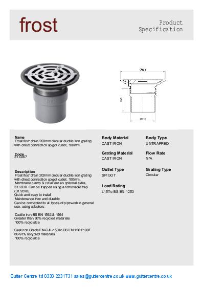 Frost Direct Connection Floor Drains 200mm Circular Grating Data Sheet