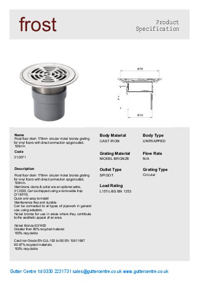 Frost Direct Connection Floor Drains 178mm Nickel Bronze Data Sheet