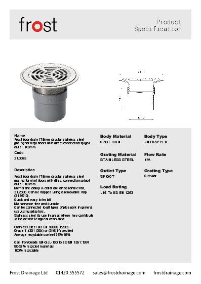 Frost Direct Connection Floor Drains 178mm Stainless Steel Data Sheet