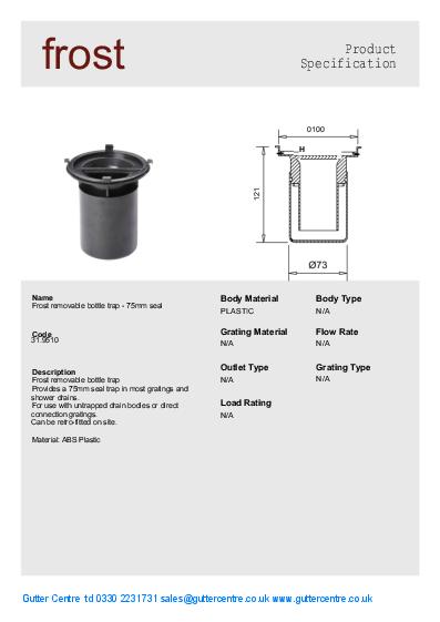 Direct Connection Floor Drains Removable Bottle Trap 75mm Data Sheet