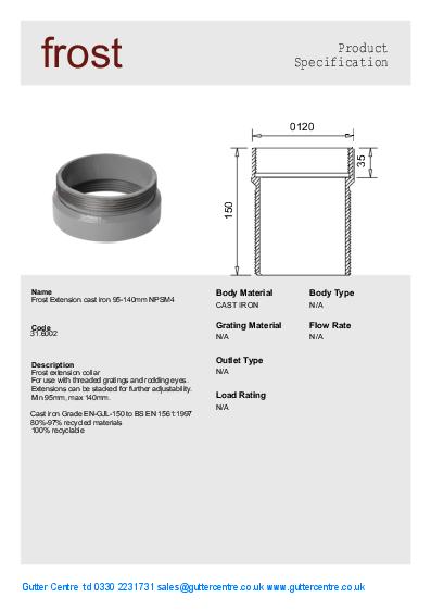 Direct Connection Floor Drains Extension Cast 95-140mm Data Sheet