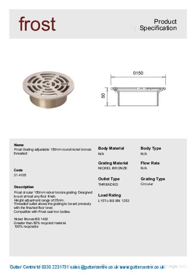 Frost Cast Iron Floor Drains 31 4105 Nickel Bronze Data Sheet