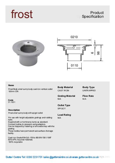 Frost Cast Iron Floor Drains Body Vertical Outlets Data Sheet