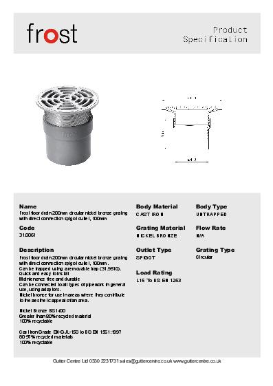 Connection Floor Drains 200mm Round Spigot Nickel Bronze Data Sheet