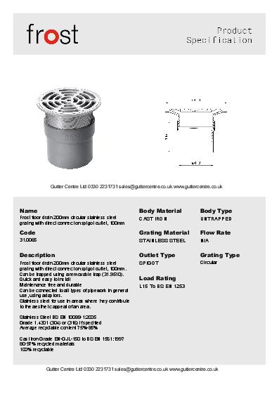 Connection Floor Drains 200mm Round Spigot Stainless Steel Data Sheet