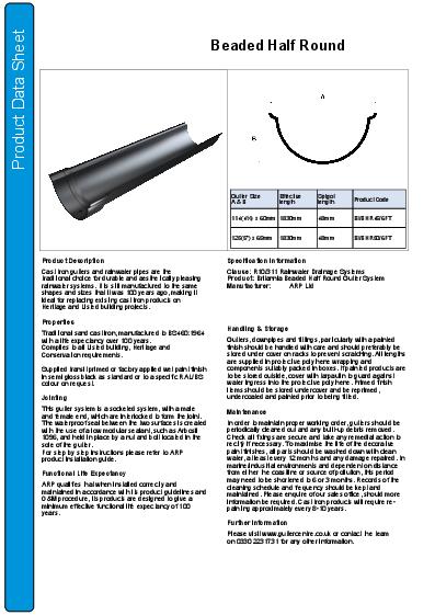 GC Beaded Half Round Cast Iron Guttering Data Sheet