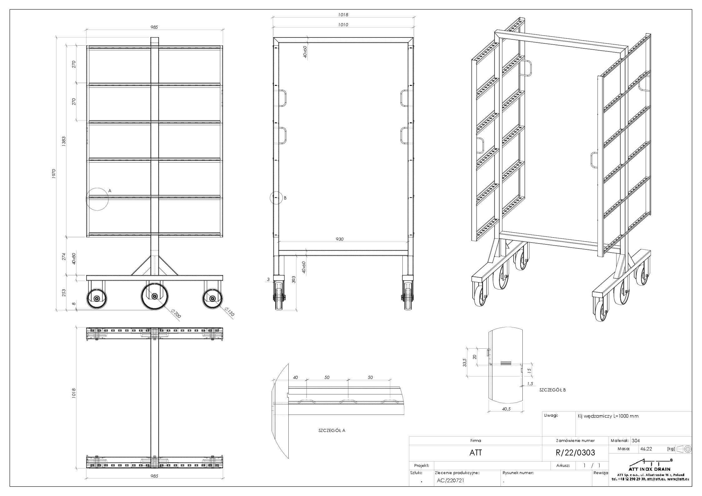 ATT Stainless Steel Food Trolley Cart Data Sheet No Trays
