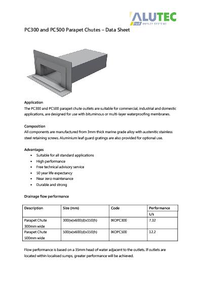 Alutec Roof Outlets pc300 pc500 Chutes Technical Guide