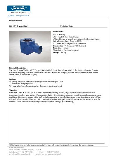 Wade Cast Iron Gullies Horizontal Data Sheet