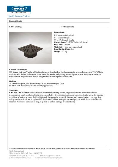 Wade Cast Iron Gullies L2601 Cast Iron Data Sheet