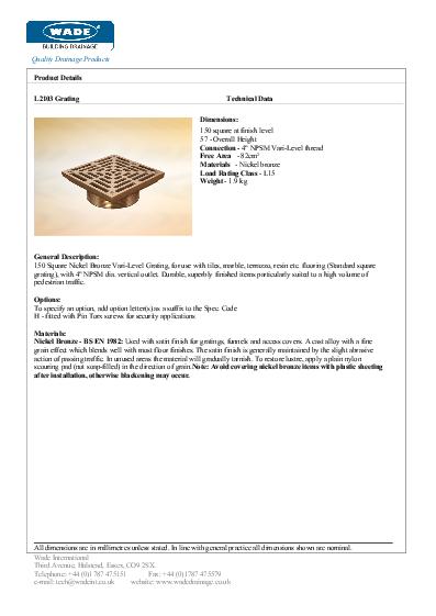 Wade Cast Iron Gullies L2103 Nickel Data Sheet