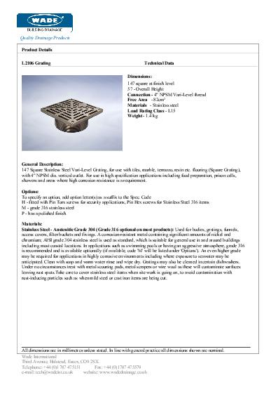 Wade Cast Iron Gullies L2106 Stainless Steel Data Sheet