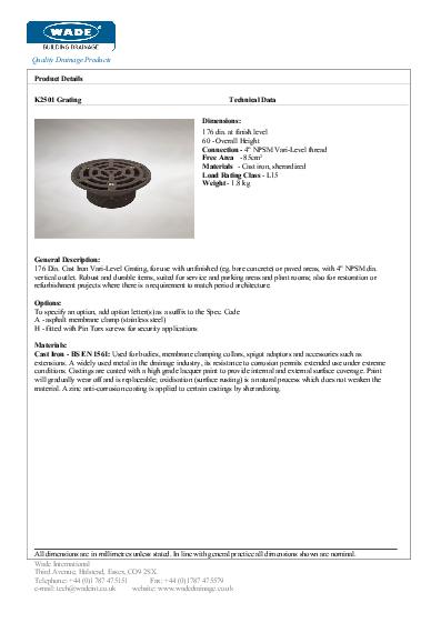 Wade Cast Iron Gullies K2501 Cast Iron Data Sheet