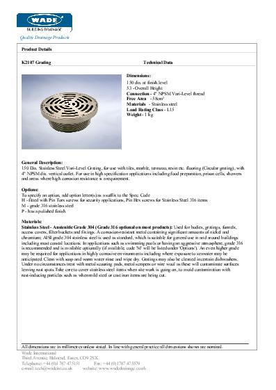 Wade Cast Iron Gullies K2107 Stainless Steel Data Sheet