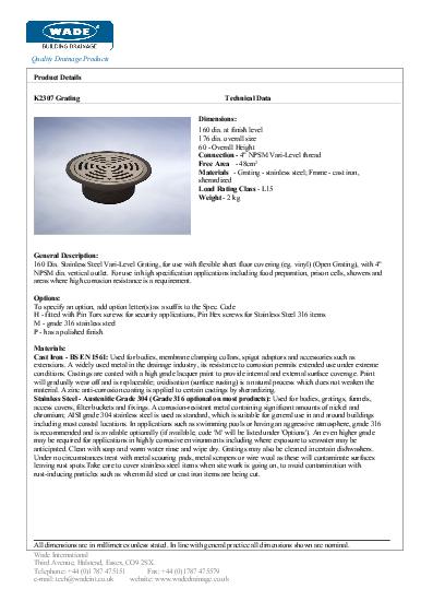 Wade Cast Iron Gullies K2307 Stainless Steel Data Sheet