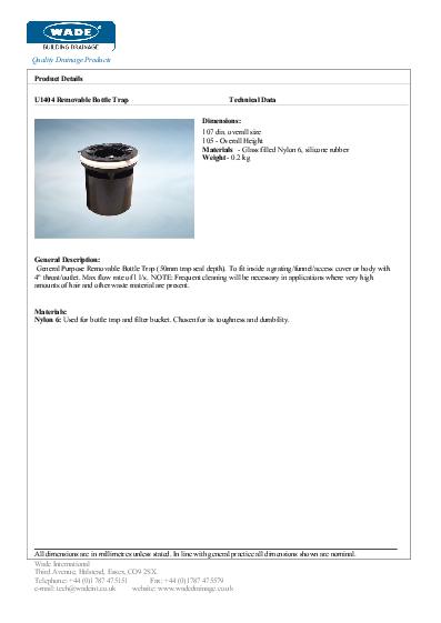 Wade Cast Iron Gullies Bottle Trap Data Sheet