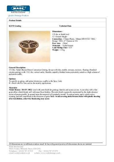 Wade Direct Connection K2193 Nickel Data Sheet