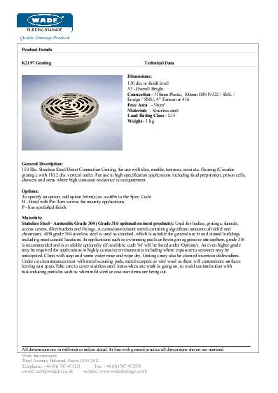 Wade Direct Connection K2197 Stainless Steel Data Sheet