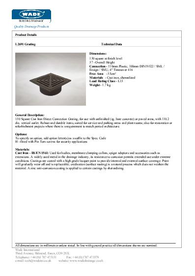 Wade Direct Connection L2691 Cast Iron Data Sheet