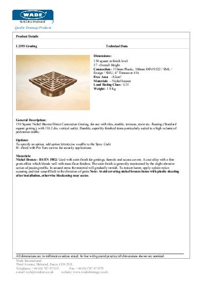 Wade Direct Connection L2193 Nickel Data Sheet