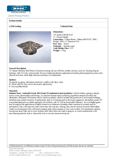 Wade Direct Connection L2196 Stainless Steel Data Sheet
