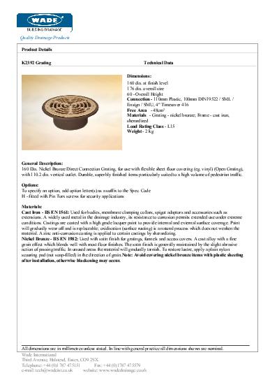 Wade Direct Connection Nickel Bronze Data Sheet