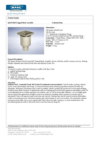 Wade Stainless Steel Gullies Q2434 Vertical Drains Data Sheet