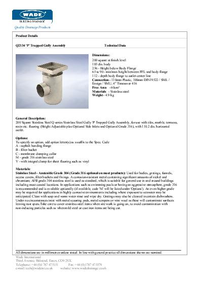 Wade Stainless Steel Gullies Q2334 Horizontal Drains Data Sheet
