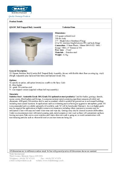 Wade Stainless Steel Gullies Q2434V Vertical Drains Data Sheet