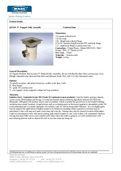 Wade Stainless Steel Gullies Q2334V Horizontal Drains Data Sheet