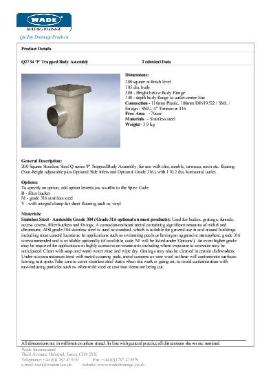Wade Stainless Steel Gullies Q2734 Horizontal Drains Data Sheet