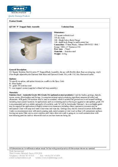 Wade Stainless Steel Gullies Q2734V Horizontal Drains Data Sheet