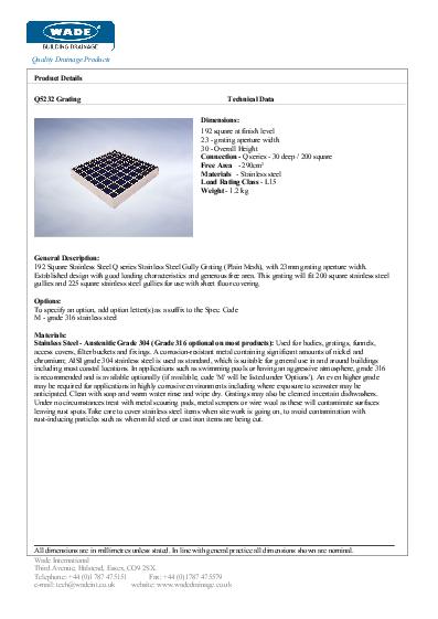 Wade Stainless Steel Gullies Plain Mesh Grate Data Sheet