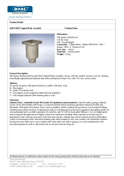 Wade Stainless Steel Gullies Q2834 Vertical Drains Data Sheet
