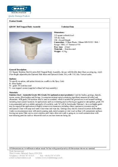 Wade Stainless Steel Gullies Q2834V Vertical Drains Data Sheet