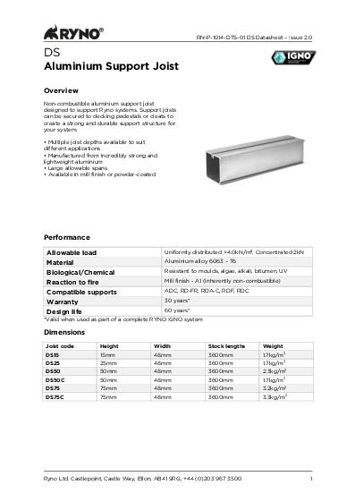 Ryno Aluminium Deck Support Frame Data Sheet