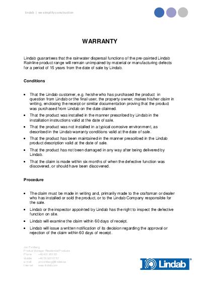 Lindab Steel Guttering Accessories Warranty